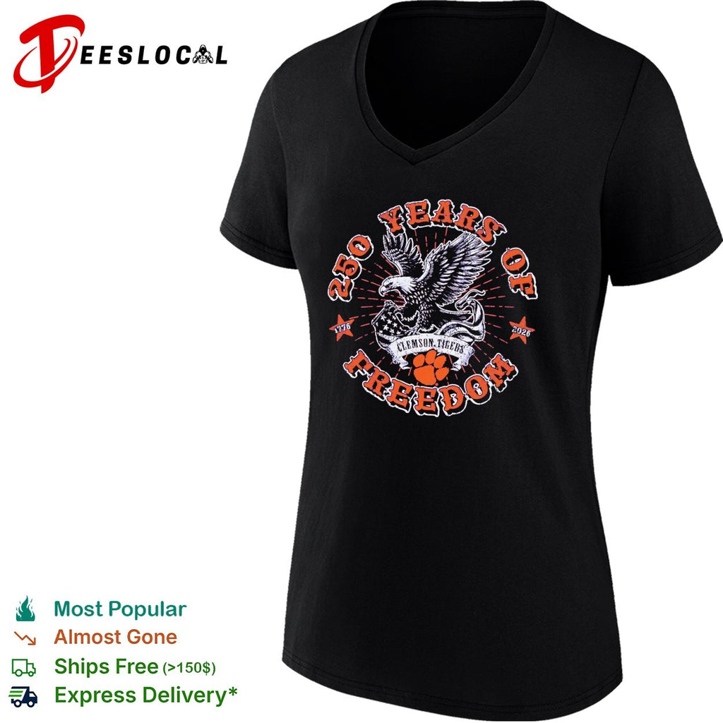 250 Years of Freedom Clemson Tigers 1776 2026 eagle and paw logo graphic shirt