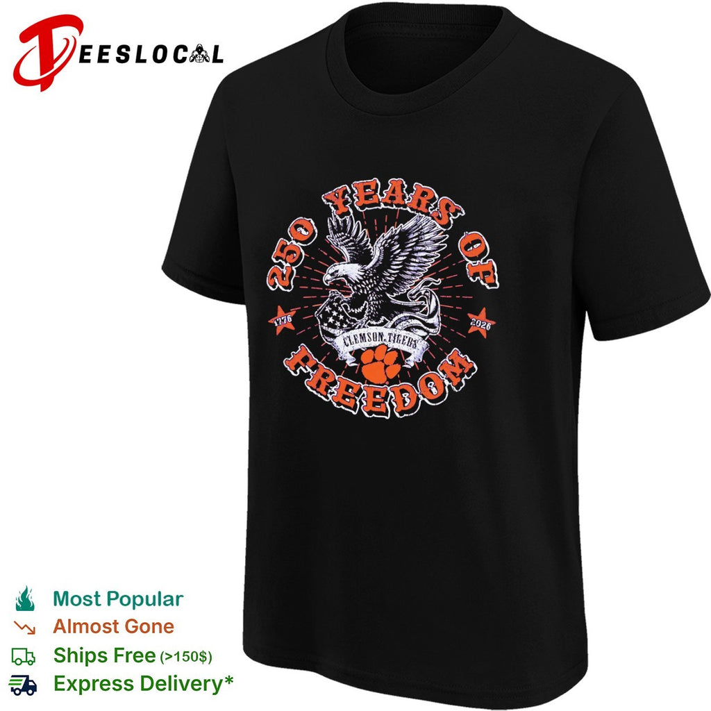 250 Years of Freedom Clemson Tigers 1776 2026 eagle and paw logo graphic shirt