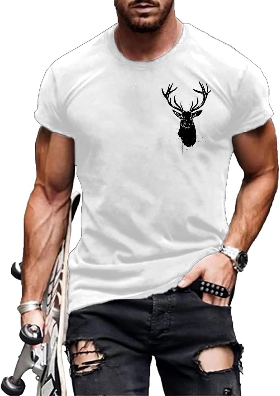 Western Shirts for Men Deer Print Short Sleeve T Shirts for Men Retro Graphic Tees for Men Crew Neck Loose Fit Pullover Tops for Men Summer Tops for Men 2025 F-Bull Horn White L