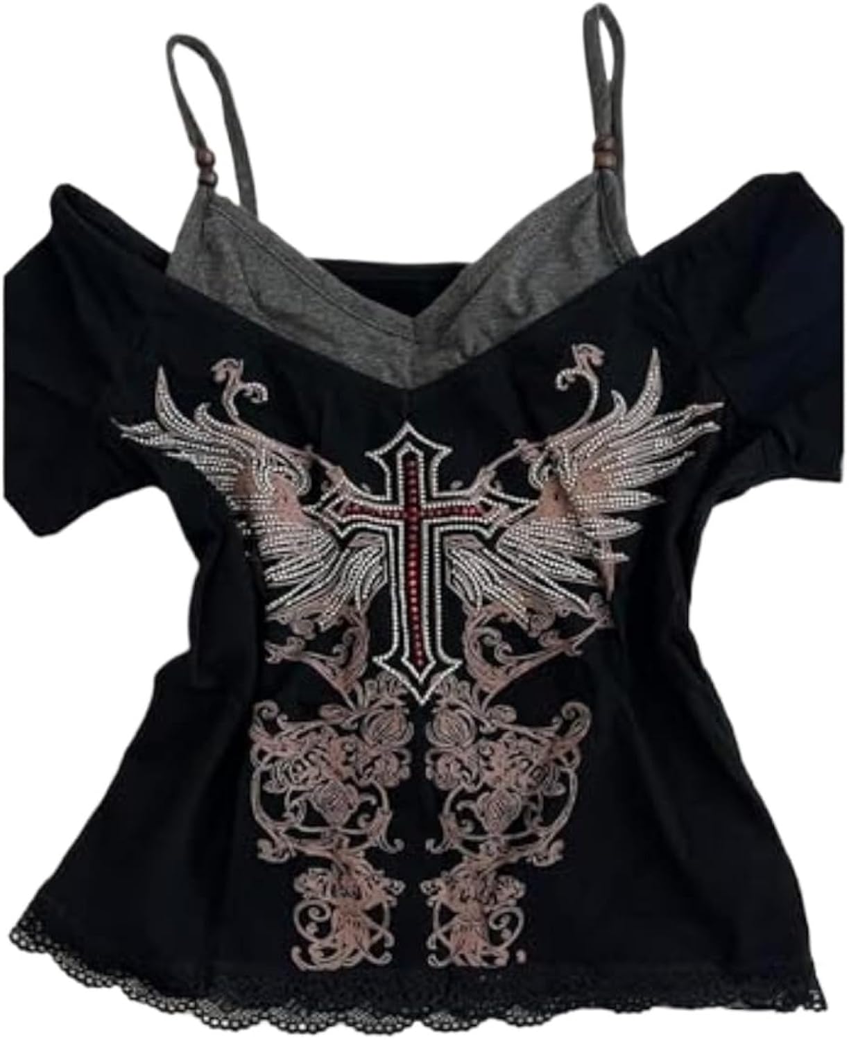 Emo Grunge Shirts Women 2000s Graphic Baby Tees Fake Two Piece Short Sleeve Vintage Y2k Crop Top Goth Alt Clothes