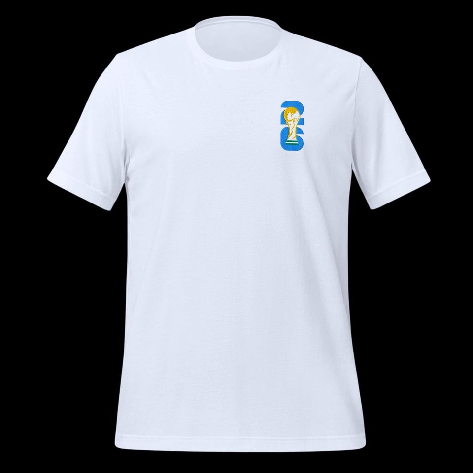 World Football Trophy Embroidered Logo T-Shirt - Gold Trophy & Blue 26 - Soccer Fan Tee