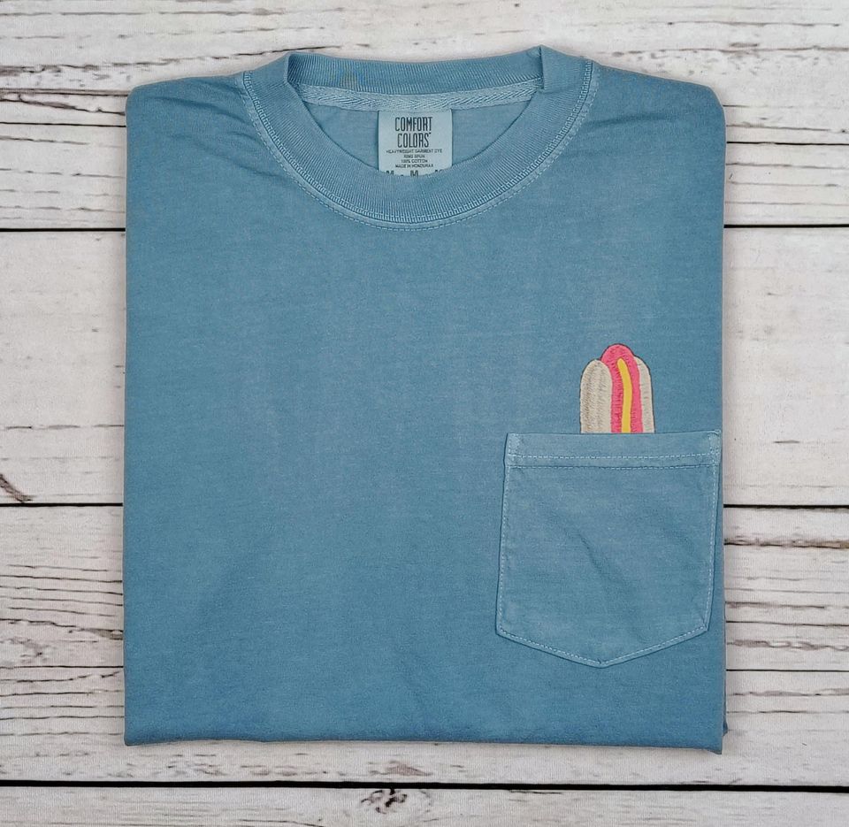 Embroidered Hot Dog Pocket Tee, Vintage Garment-Dyed T-Shirt, Unisex Adult