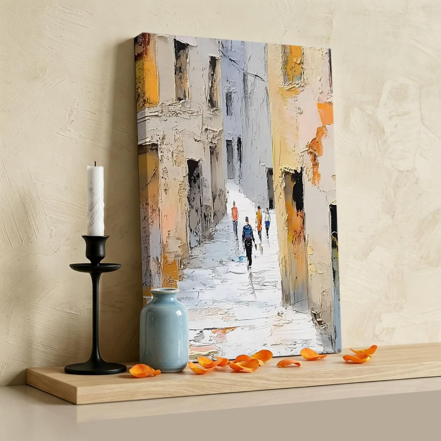 Rustic City Wall Art for Living Room Bedroom, Canvas Art Prints Paintings, Vintage Abstract Aesthetic Oil Painting Wooden Framed Artwork Pictures Home Wall Decor 16x20 In Made in USA
