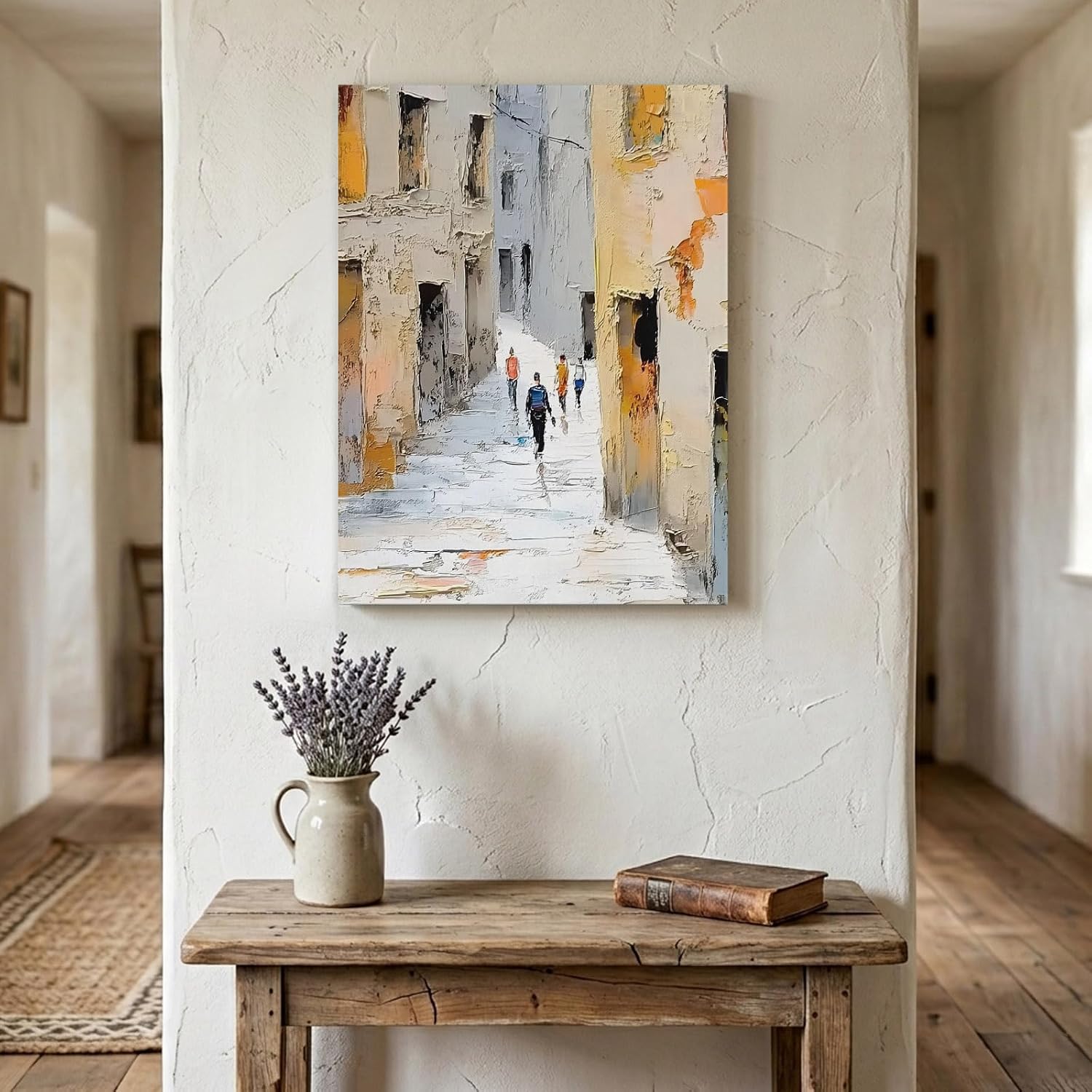 Wood Canvas Wall Art, Rustic City Large Wall Decor for Living Room Bedroom, Vintage Abstract Aesthetic Oil Painting Canvas Prints Artwork Ready to Hang Home Decor Accent, Housewarming Gift 24''x36''