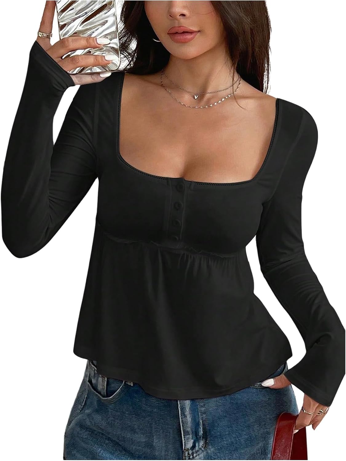 Women's Babydoll Tops Long Sleeve Henley Shirts Cute Square Neck Coquette Peplum Top