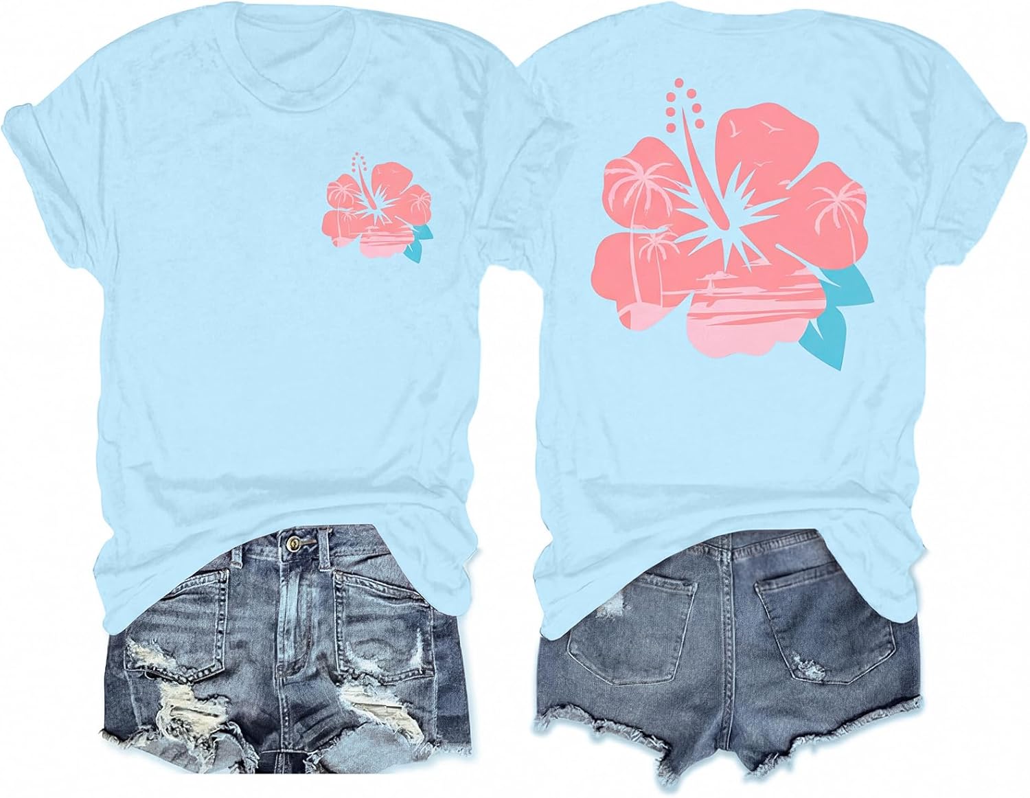 Hawaiian Shirts for Women Oversized Beach Hibiscus Flower Graphic T Shirt Teens Aesthetic Tropical Tee Tops