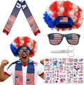 2026 World Cup USA Soccer Fan Scarf Set for Game Day Cheering, 4th of July & America's 250th Anniversary Costume Accessories Includes American Flag Scarf, Afro Wig, Glasses and Temporary Tattoos