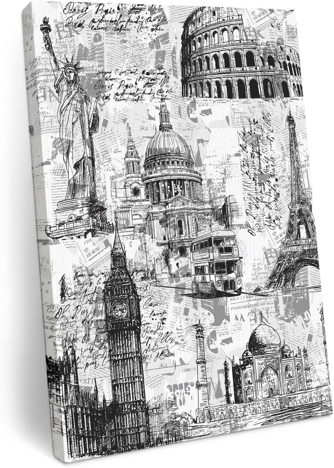 Wood Canvas Wall Art, Grey Architecture Wall Decor for Hallway Living Room Bedroom, Abstract City Vintage Eiffel Tower Canvas Prints Artwork Ready to Hang Home Decor, Housewarming Gift 12''x18''