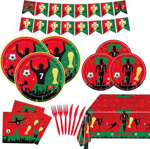 117 PCS World Cup 2026 Ronaldo Soccer Party Decorations Kit, Ronaldo Football Theme Birthday Decorations with Plates, Napkins, Knives, Forks, Tablecloth, Pennants for Game Day Supplies Serves 20