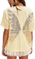 Women Sheer Butterfly T Shirt Short Sleeve Cut Out Back Tee Top Embroidered Oversized Tee Shirts Streetwear