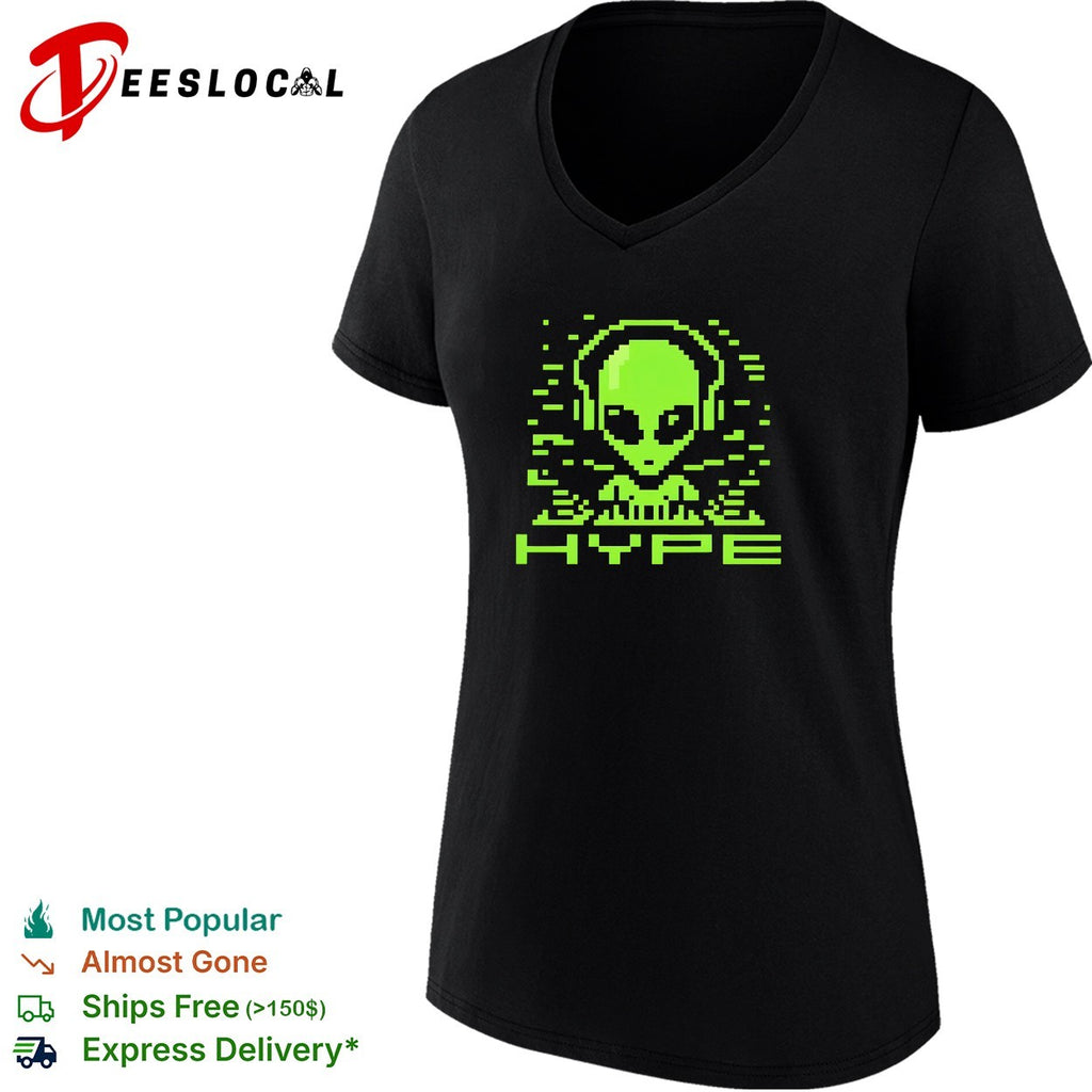 Alien pixel DJ wearing headphones hype shirt