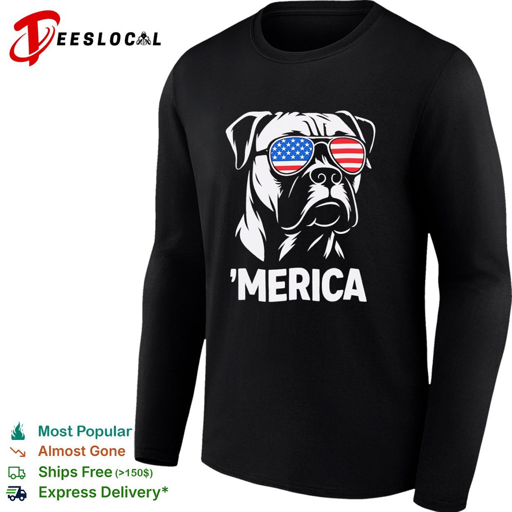 American Bulldog wearing United States flag sunglasses ‘Merica shirt