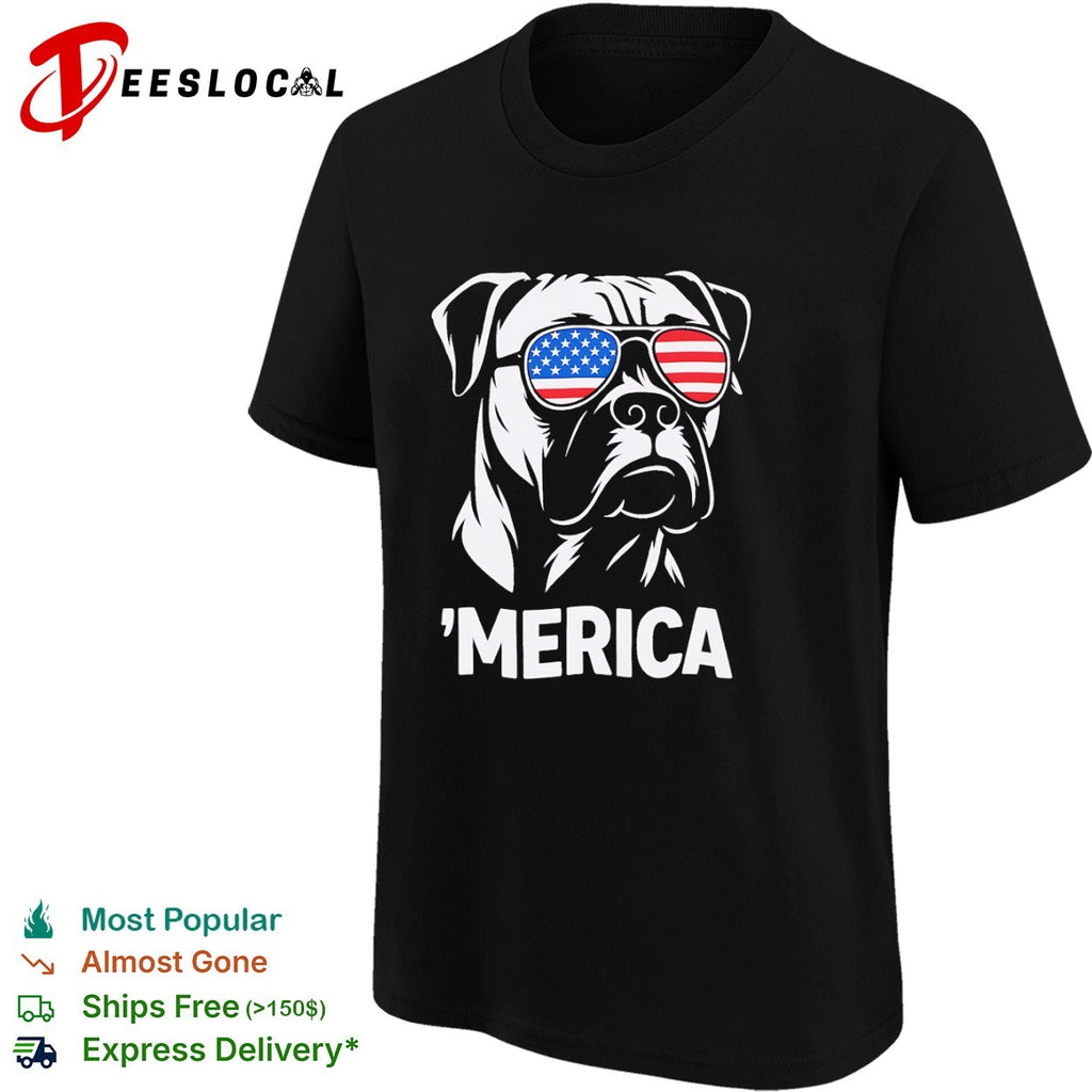 American Bulldog wearing United States flag sunglasses ‘Merica shirt