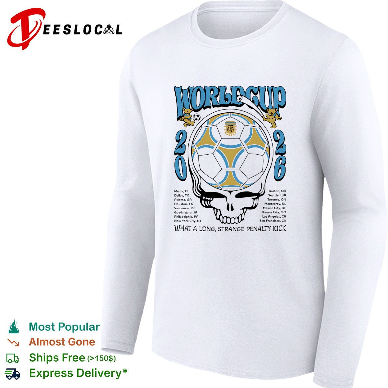 Argentina AFA World Cup 2026 Grateful Dead dancing bears what a long strange penalty kick shirt