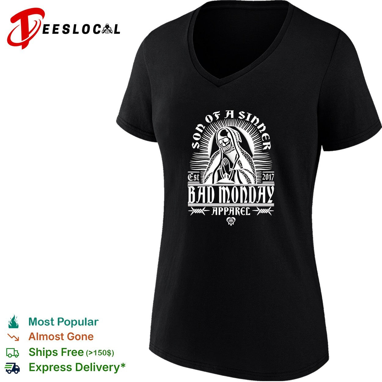 Bad Monday Apparel son of a sinner skeleton Santa Muerte praying shirt
