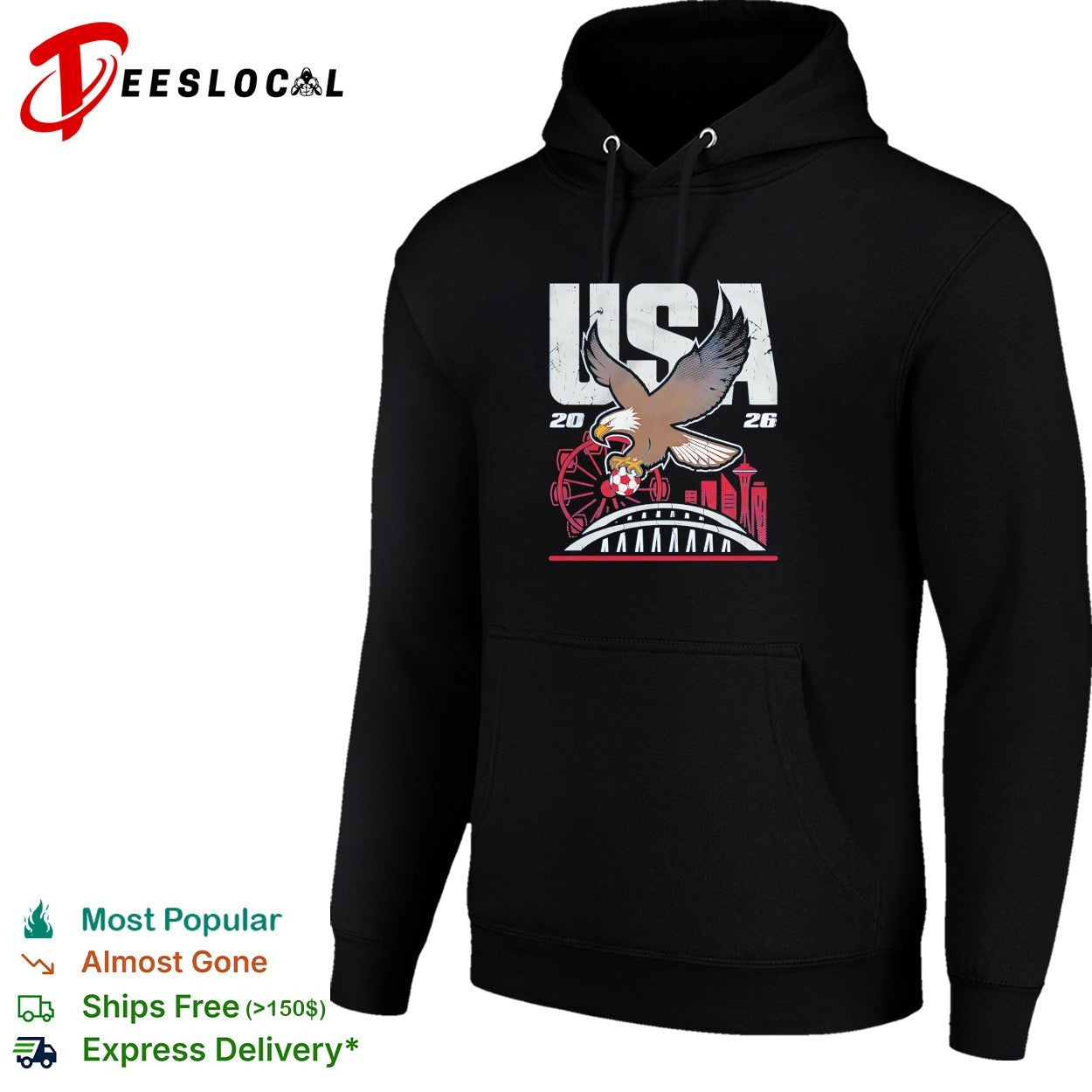 Bald eagle gripping soccer ball USA 2026 Seattle World Cup skyline shirt