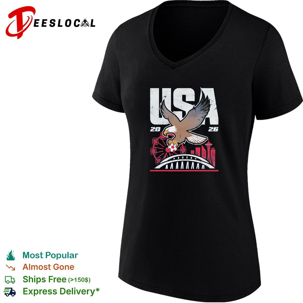 Bald eagle gripping soccer ball USA 2026 Seattle World Cup skyline shirt