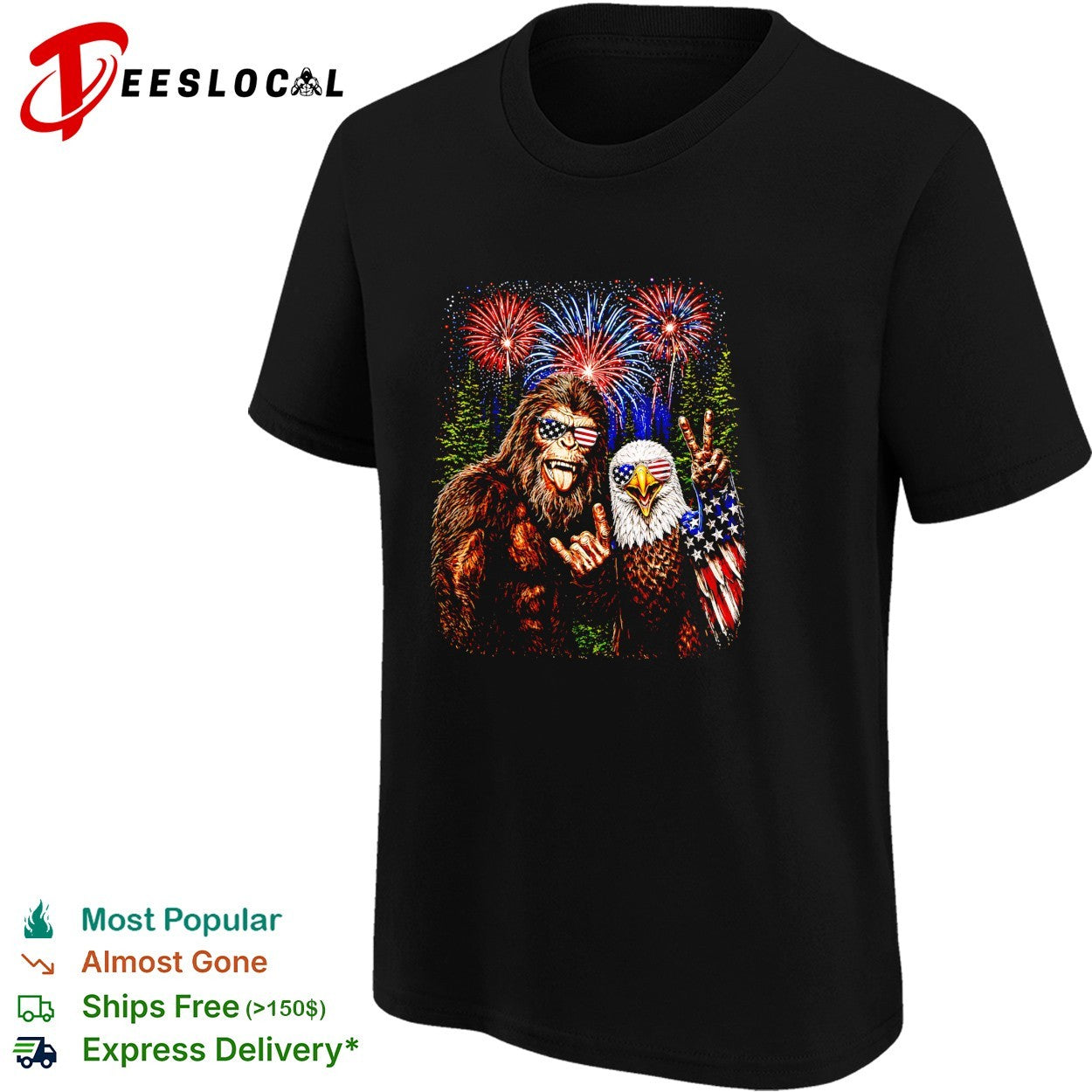 Bigfoot and bald eagle wearing USA sunglasses fireworks shirt