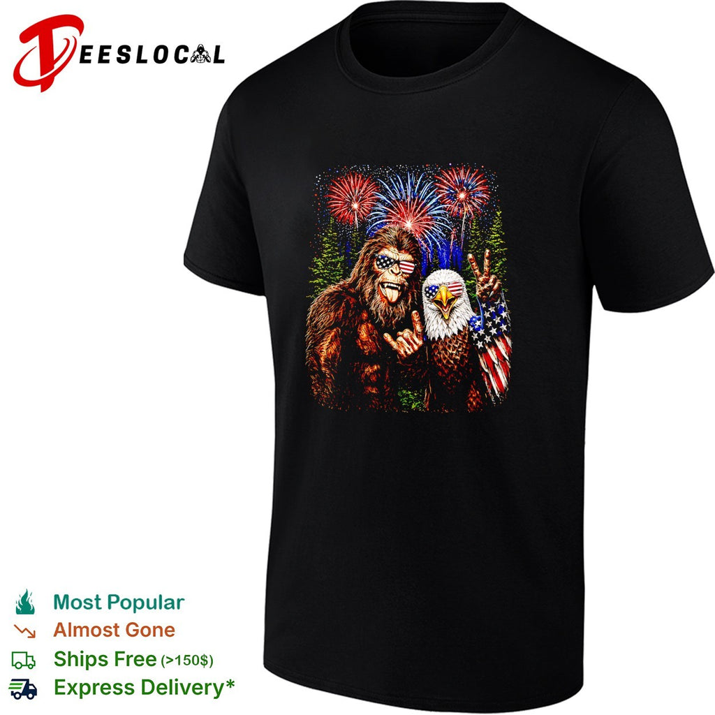 Bigfoot and bald eagle wearing USA sunglasses fireworks shirt