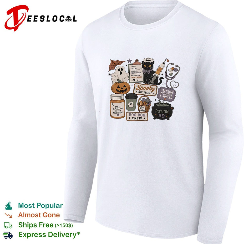 Black cat nurse spooky but stable caffeine scrubs and spells boo boo crew Halloween shirt