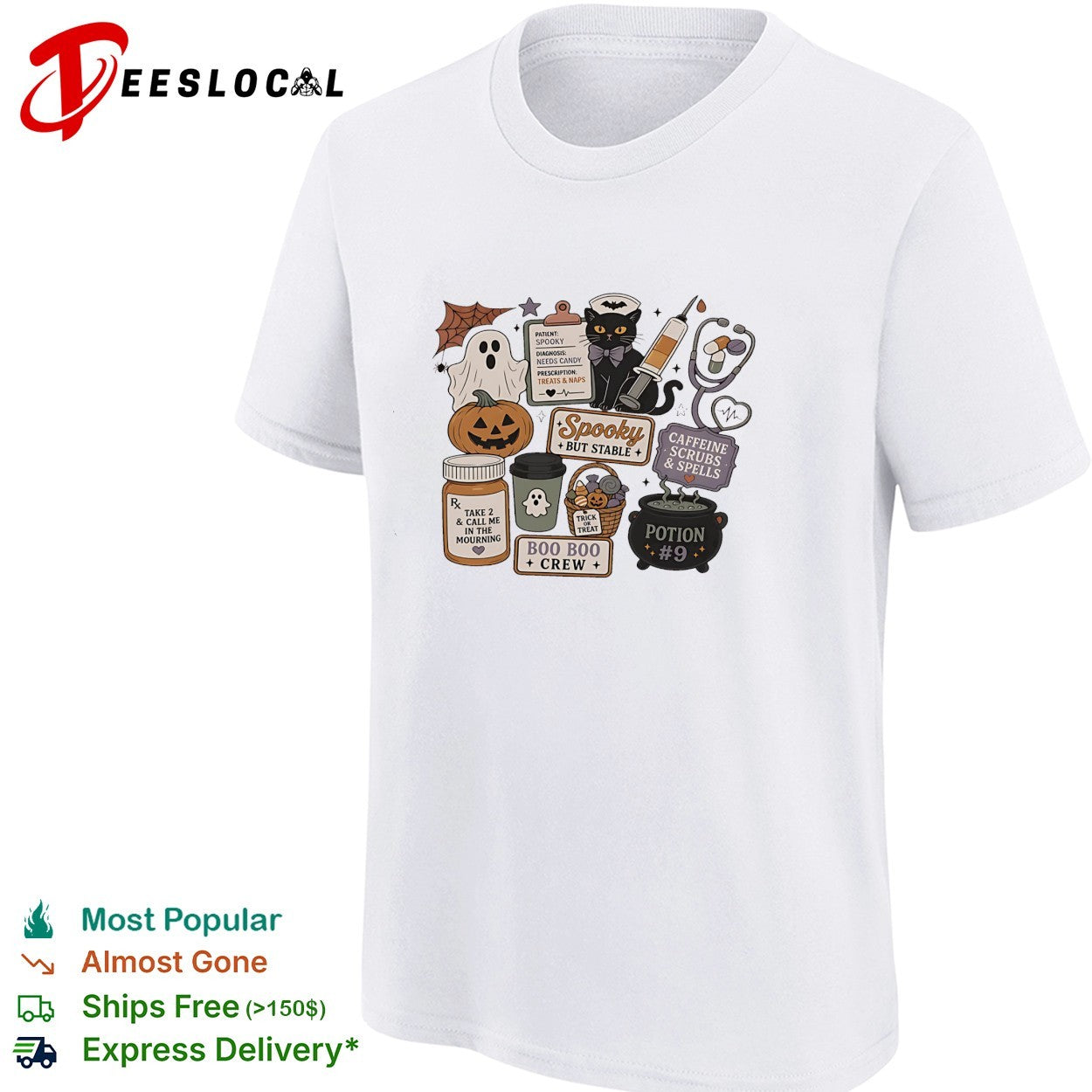 Black cat nurse spooky but stable caffeine scrubs and spells boo boo crew Halloween shirt