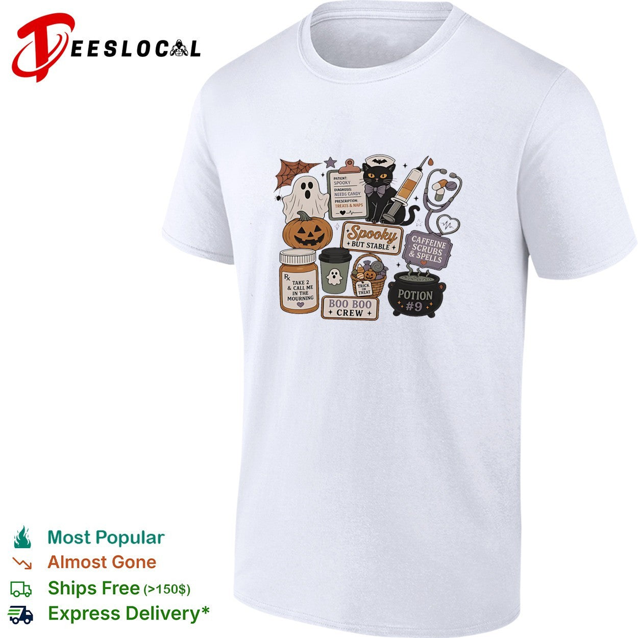 Black cat nurse spooky but stable caffeine scrubs and spells boo boo crew Halloween shirt