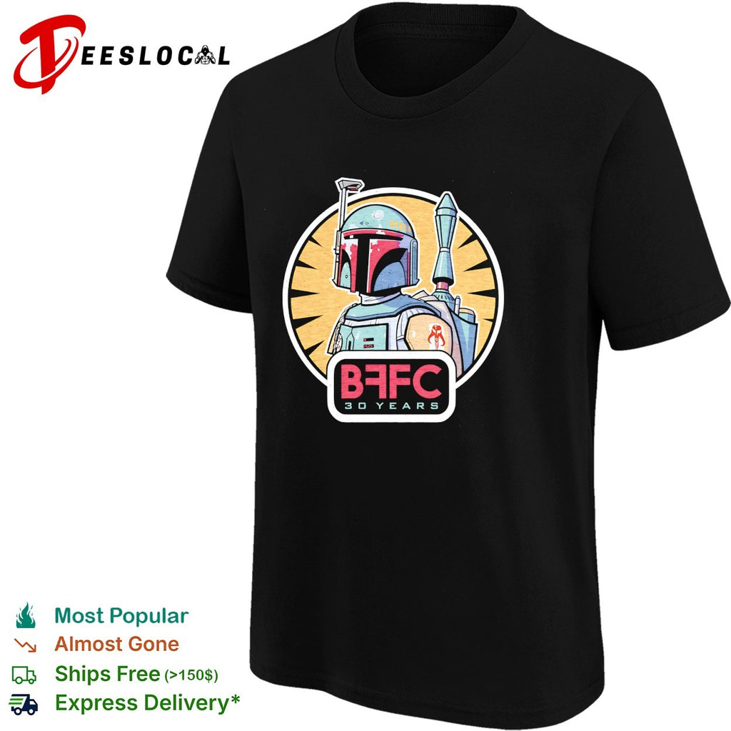Boba Fett Mandalorian armor BFFC 30 years anniversary badge shirt