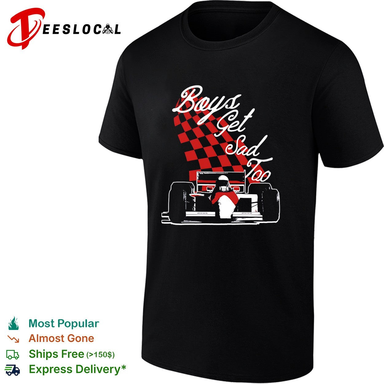 Boys get sad too race car driver sitting checkerboard pattern shirt
