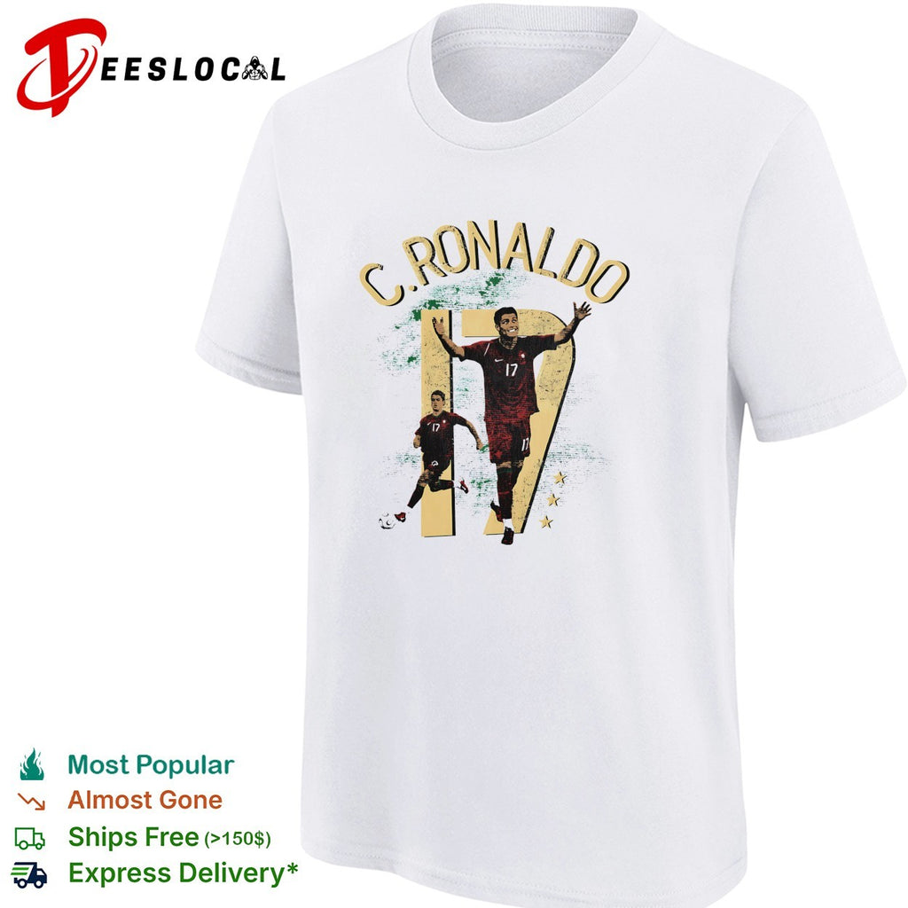 C Ronaldo number 17 celebrating with arms raised collage shirt