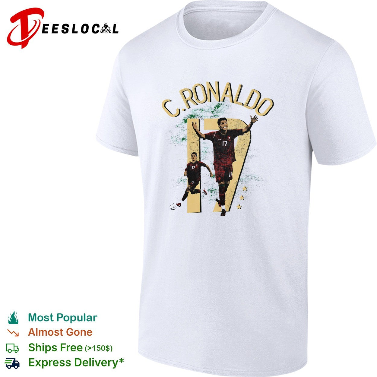 C Ronaldo number 17 celebrating with arms raised collage shirt