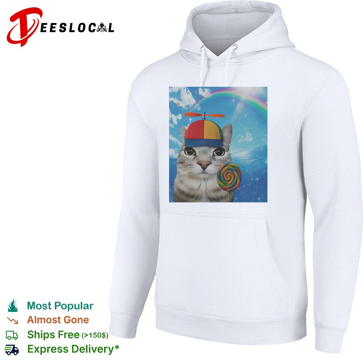 Cat wearing propeller hat holding rainbow lollipop shirt