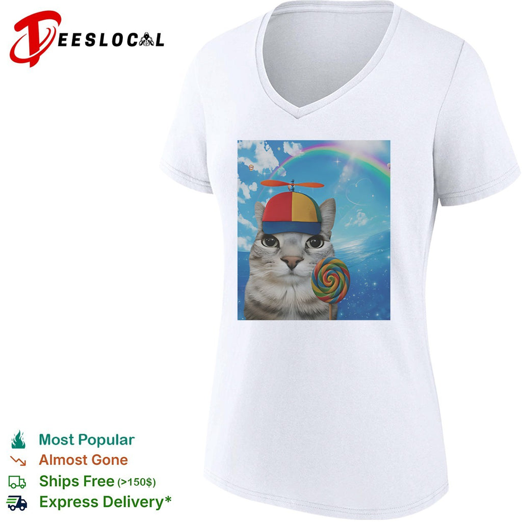 Cat wearing propeller hat holding rainbow lollipop shirt