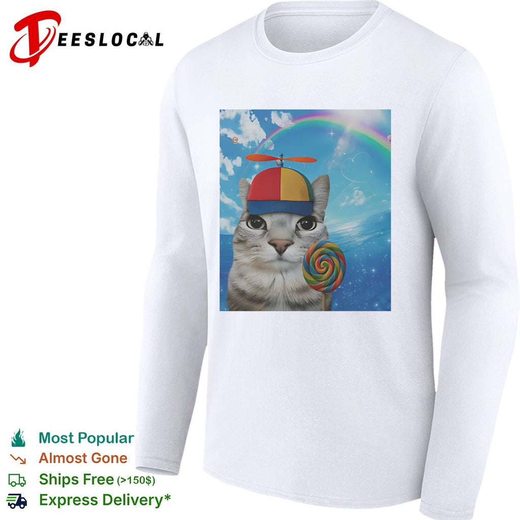 Cat wearing propeller hat holding rainbow lollipop shirt