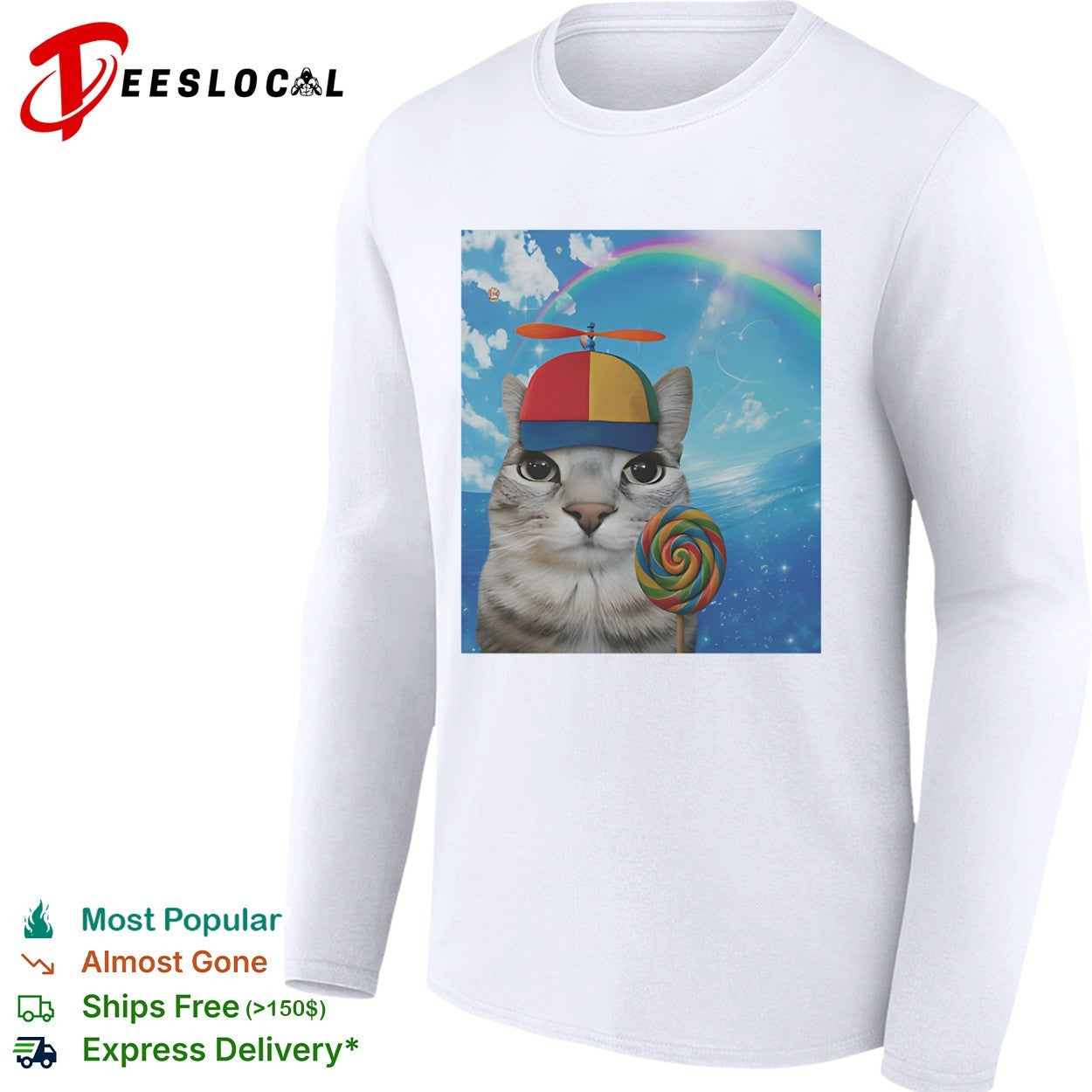 Cat wearing propeller hat holding rainbow lollipop shirt