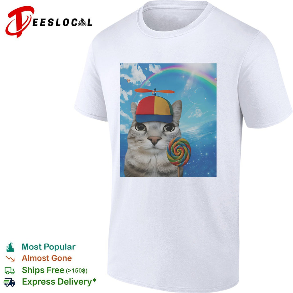 Cat wearing propeller hat holding rainbow lollipop shirt