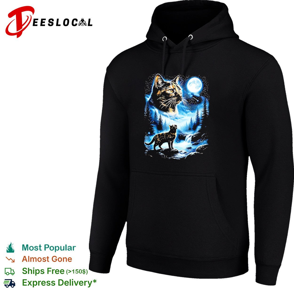 Celestial Cat and Full Moon Mountain Stream Forest Wilderness Night Scene shirt