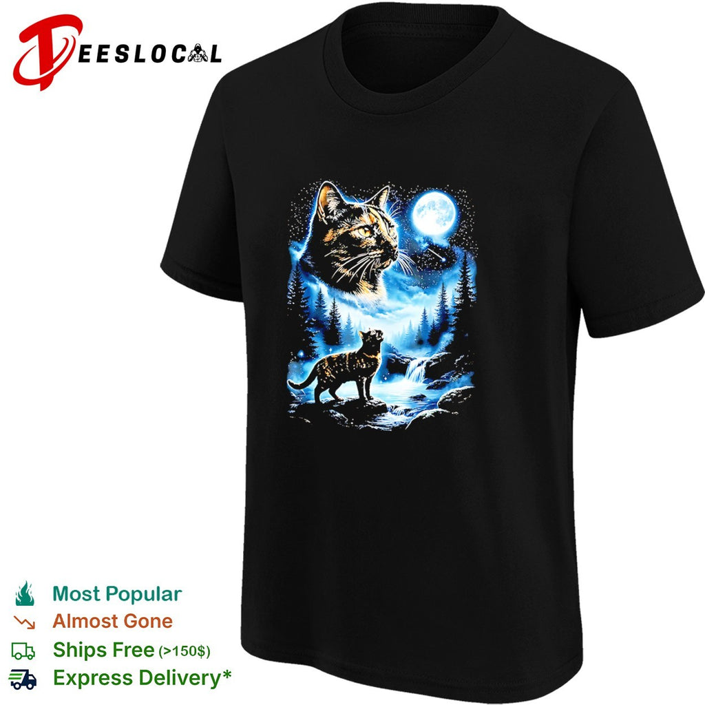 Celestial Cat and Full Moon Mountain Stream Forest Wilderness Night Scene shirt