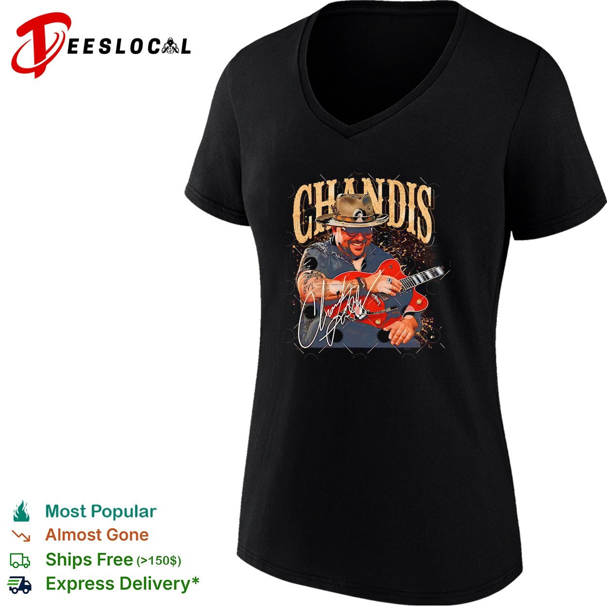 Chandis musician smiling playing guitar portrait vintage shirt