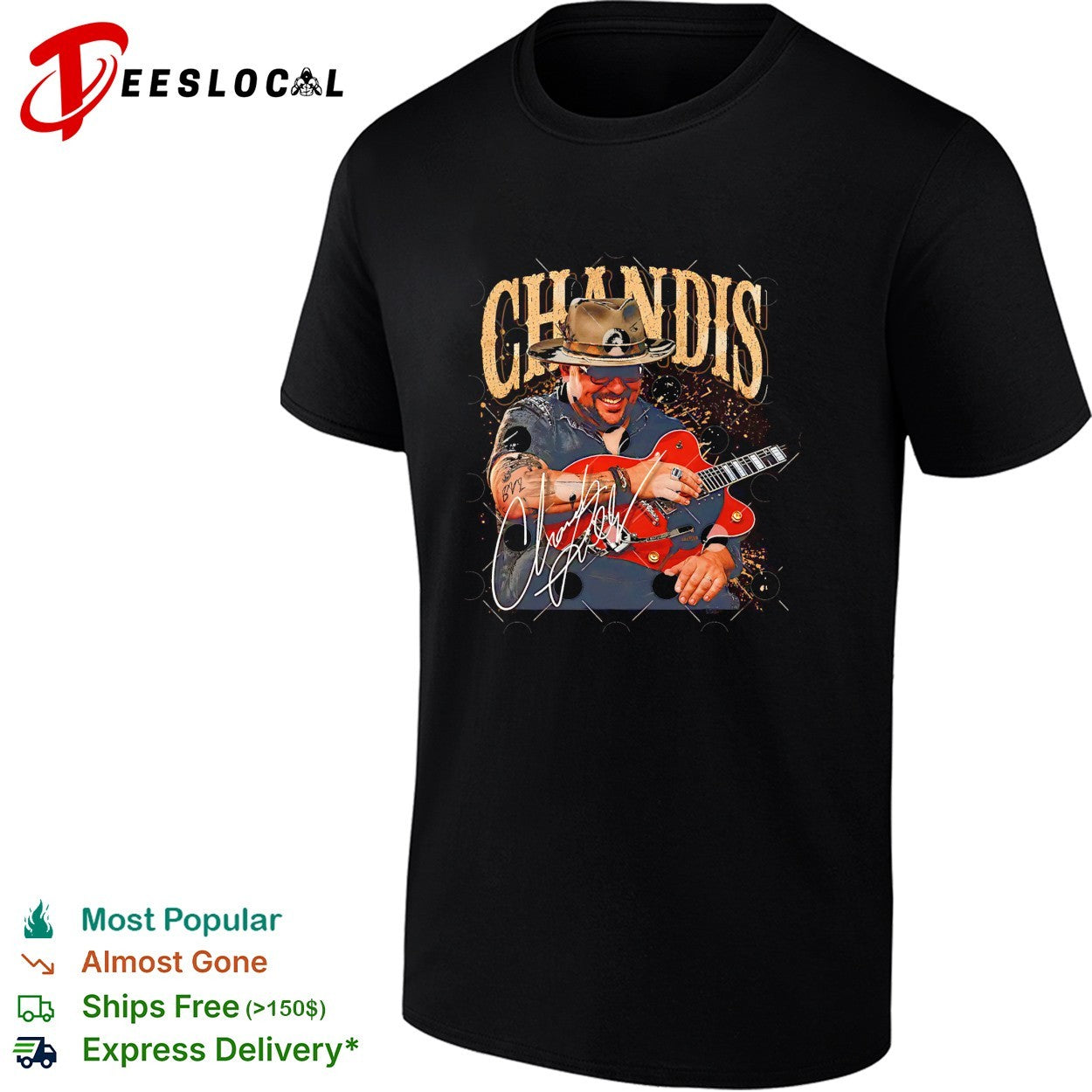 Chandis musician smiling playing guitar portrait vintage shirt