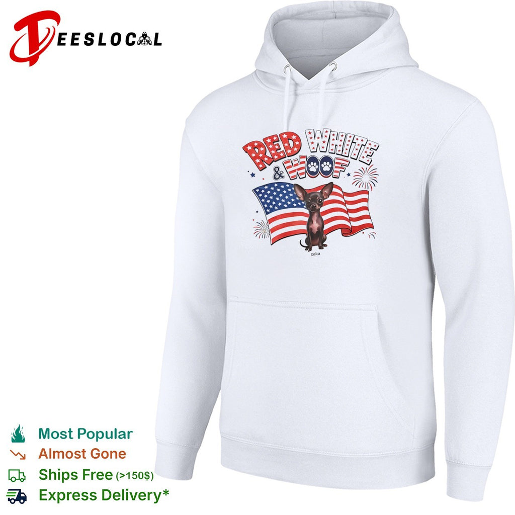 Chihuahua red white and woof US flag shirt