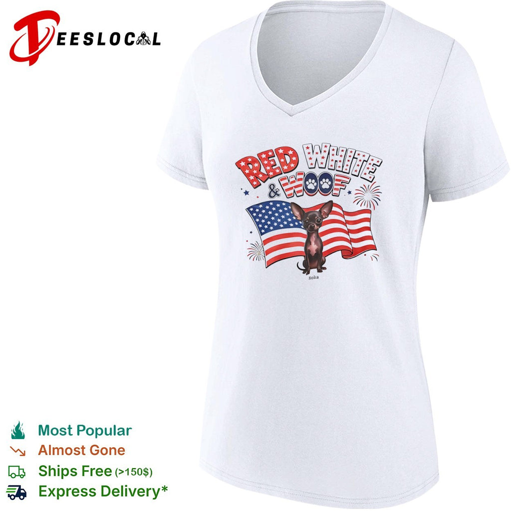 Chihuahua red white and woof US flag shirt