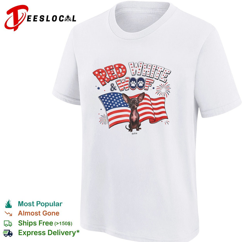 Chihuahua red white and woof US flag shirt