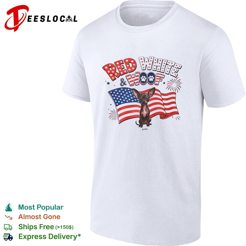 Chihuahua red white and woof US flag shirt