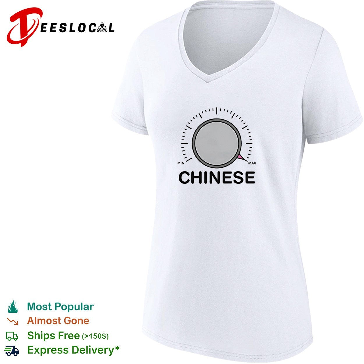 Chinese volume knob dial turned to max shirt
