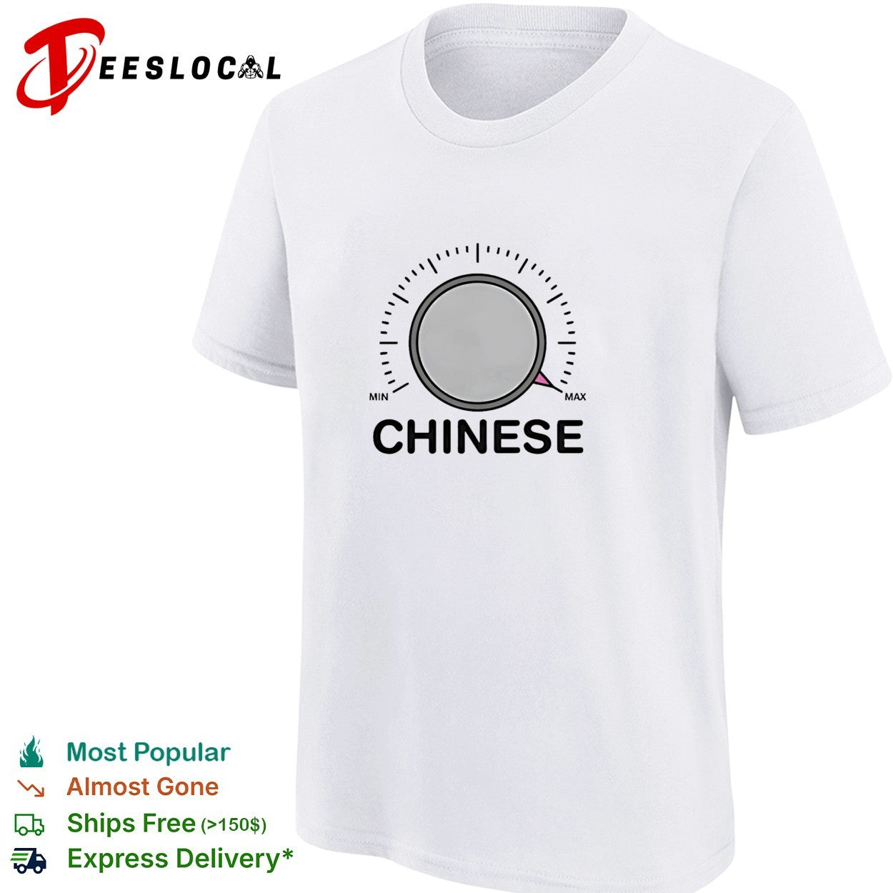 Chinese volume knob dial turned to max shirt