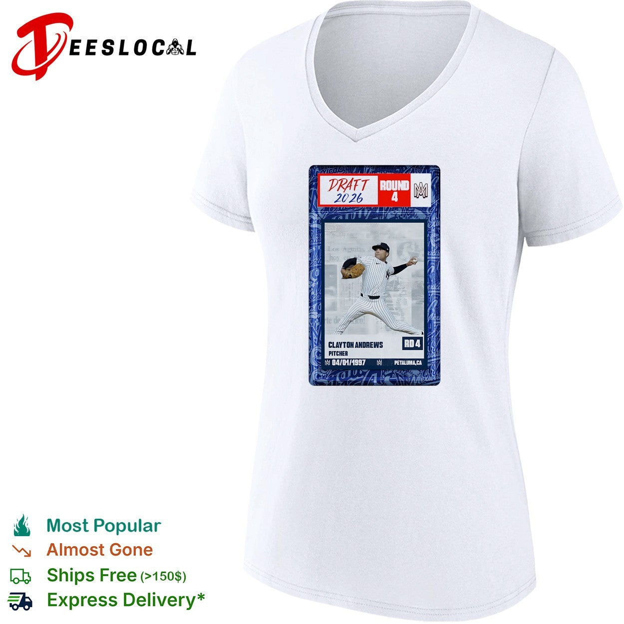 Clayton Andrews New York Yankees MLB Draft 2026 Round 4 pitcher trading card shirt