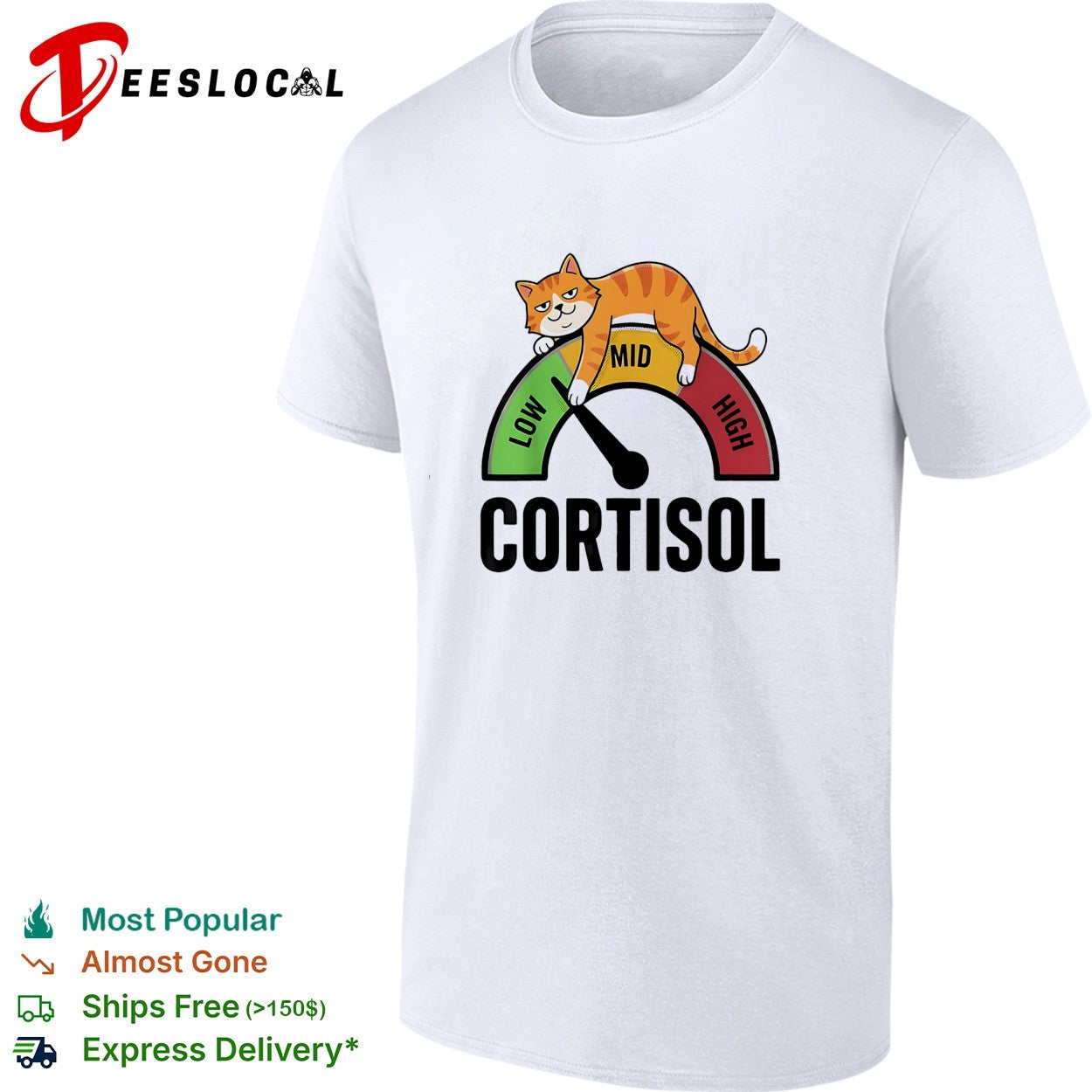 Cortisol cat lying on low mid high gauge shirt