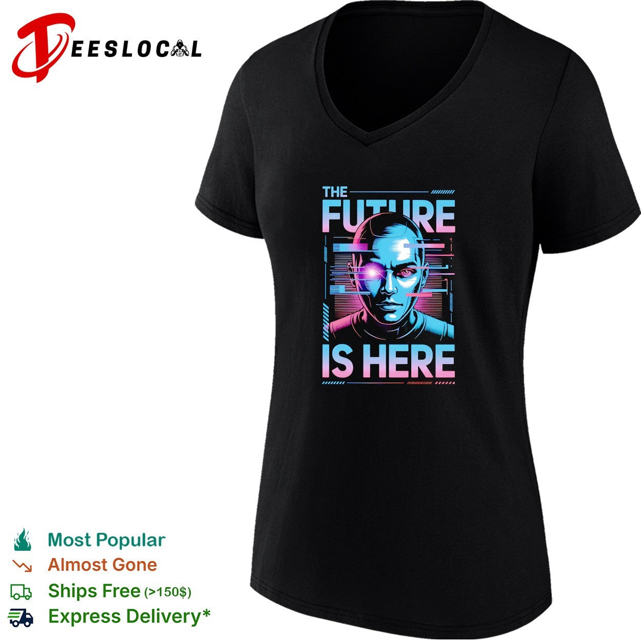 Cyborg glowing eye the future is here synthwave portrait shirt