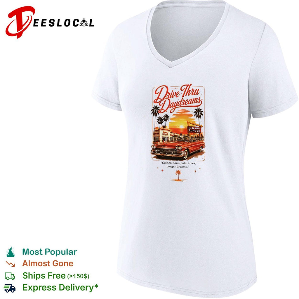 Drive Thru Daydreams In N Out Burger golden hour palm trees retro car shirt