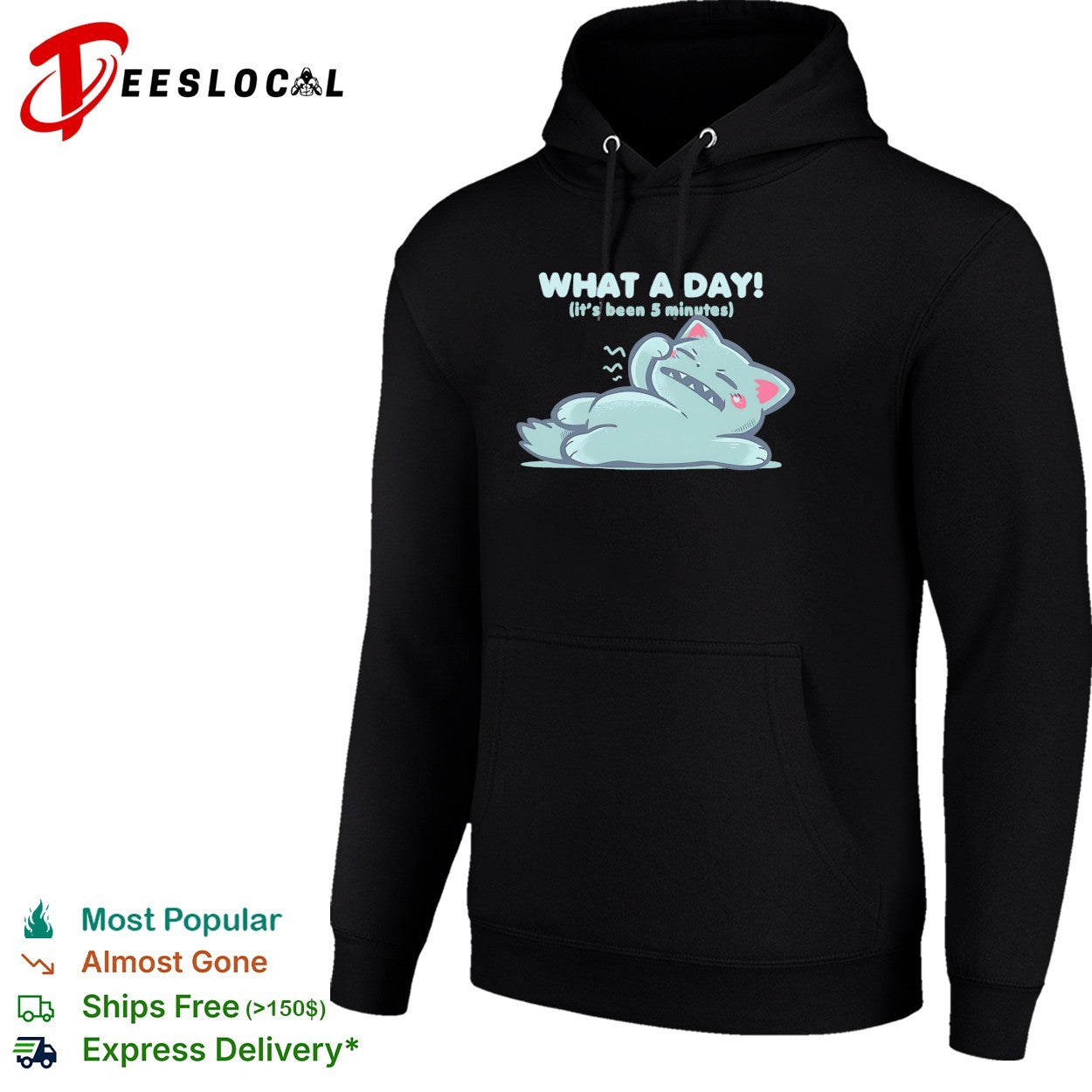 Exhausted cartoon cat lying down what a day it’s been 5 minutes shirt